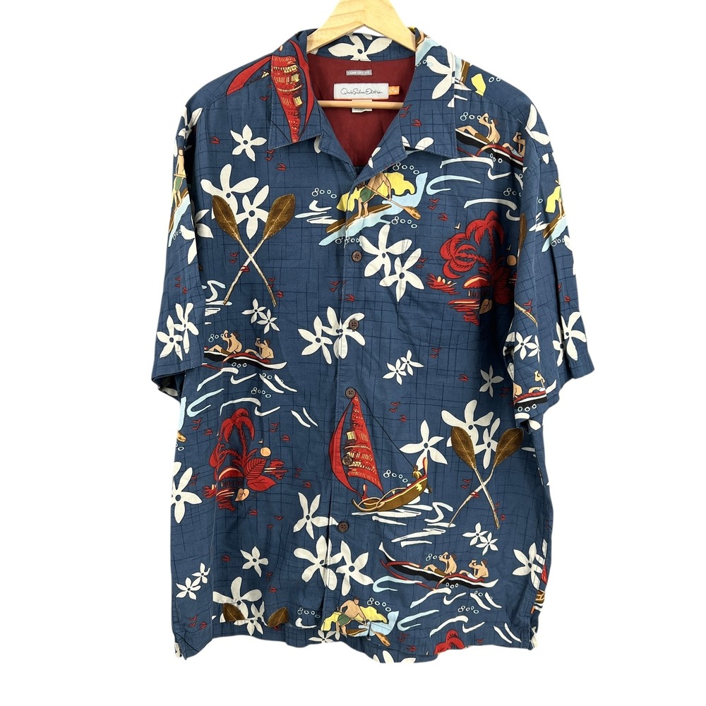 Quiksilver Edition Mens L‎ Hawaiian Aloha Shirt Blue Surfer Scene Short Sleeve